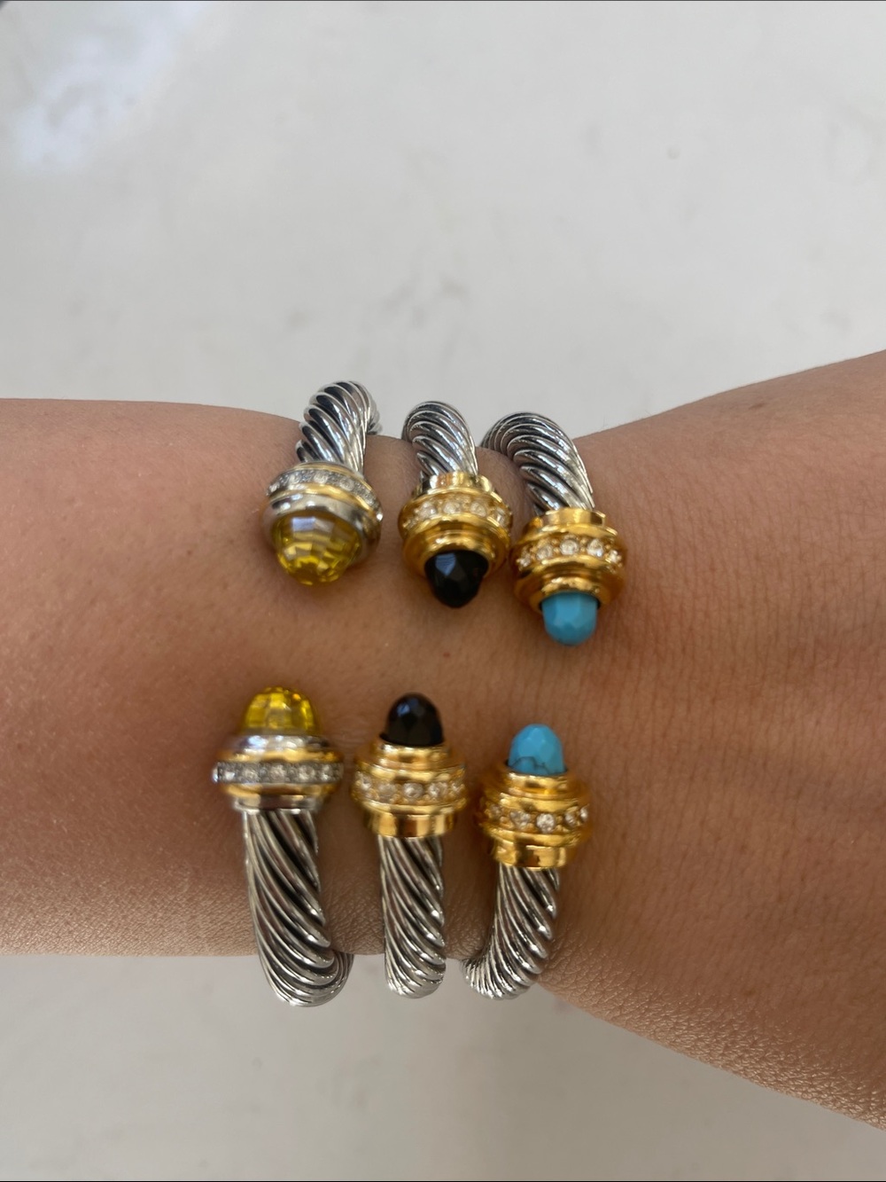 Textured Cable Cuff Bracelet with Yellow, Black, and Turquoise Cabochons